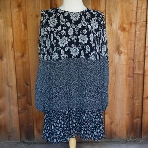 Sézane Leana Black & White Floral Silk Blend Long Sleeve Shift Mini Dress 10